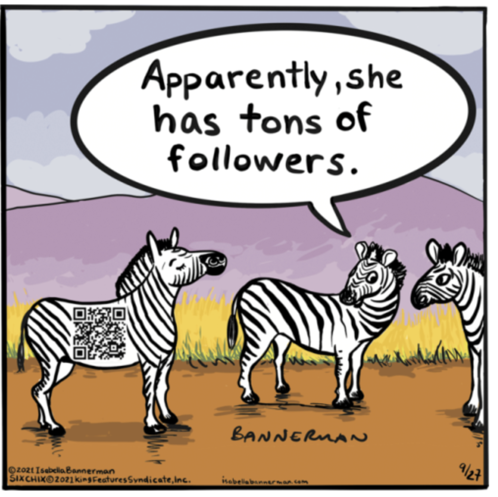 cartoon illustration of zebras with QR codes with a joke that reads, Apparently, she has tons of followers.